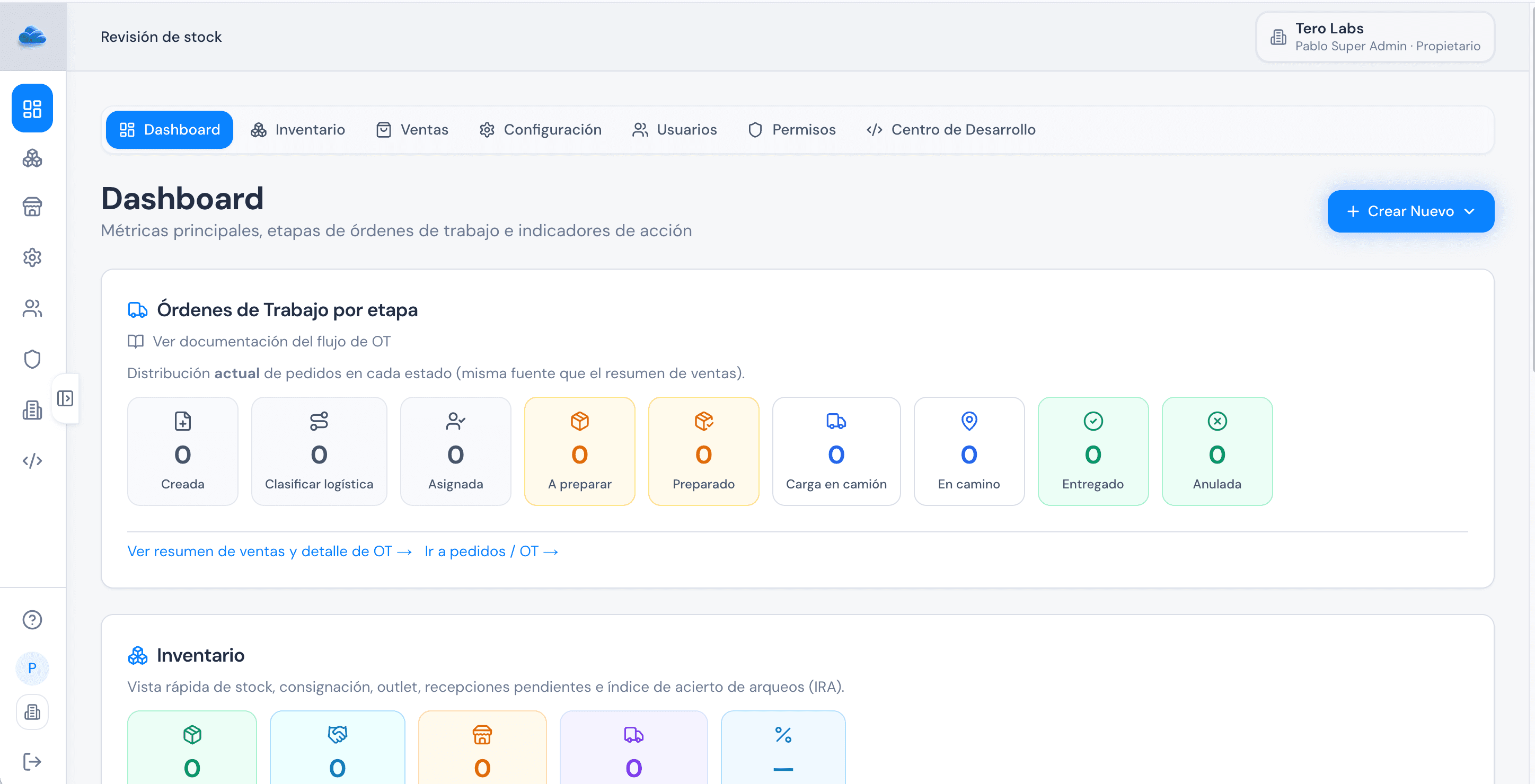 Dashboard de Clink mostrando métricas e inventario en tiempo real